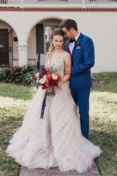 Ball Gown Beaded Bodice Deep V-neck Wedding Dresses, Bridal Gown